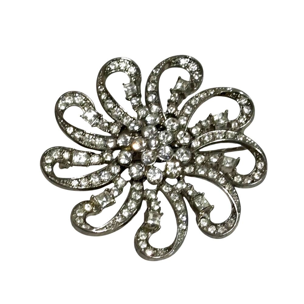 Vintage brooch silver & clear white rhinestones ornate fashion statement pin